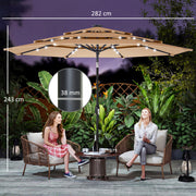 Garden Parasol with Solar LED Lights and Adjustable Shade for Outdoor Dining Khaki Outsunny