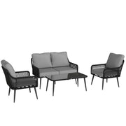 Rattan Garden Furniture Set 4 Piece With Cushions for Comfortable Outdoor Seating Black/Grey Outsunny
