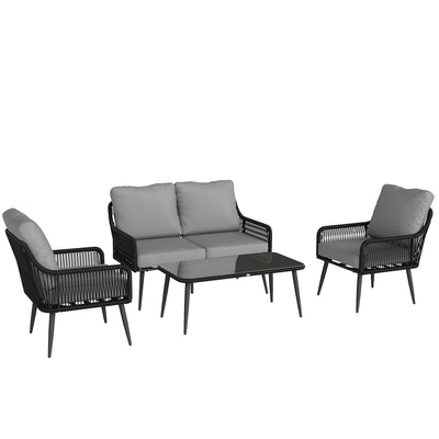 Rattan Garden Furniture Set 4 Piece With Cushions for Comfortable Outdoor Seating Black/Grey Outsunny