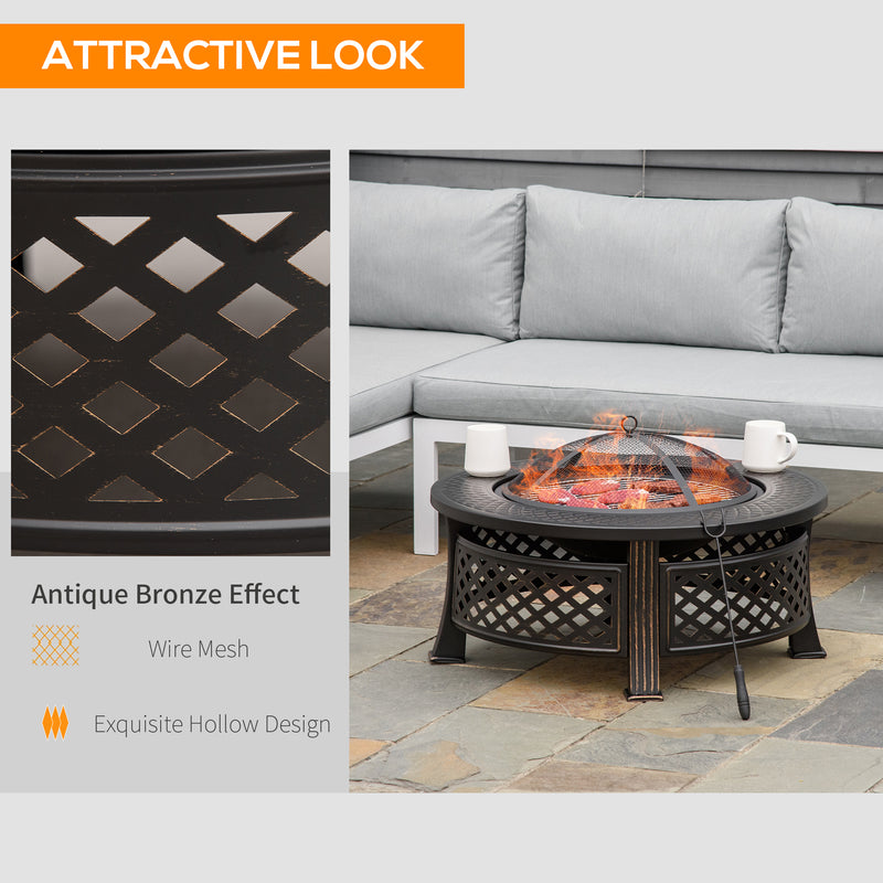 Fire Pit with Grill and Tabletop for Outdoor Heating and Cooking Bronze Outsunny