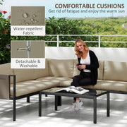 4 Piece Metal Garden Furniture Set with Glass Table and Padded Cushions Khaki by Outsunny