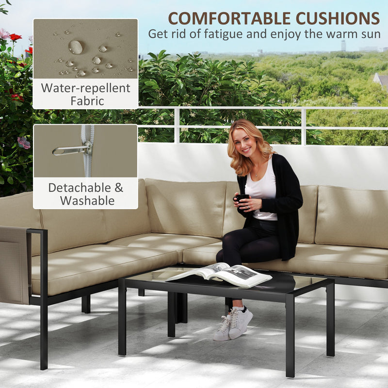 4 Piece Metal Garden Furniture Set with Glass Table and Padded Cushions Khaki by Outsunny