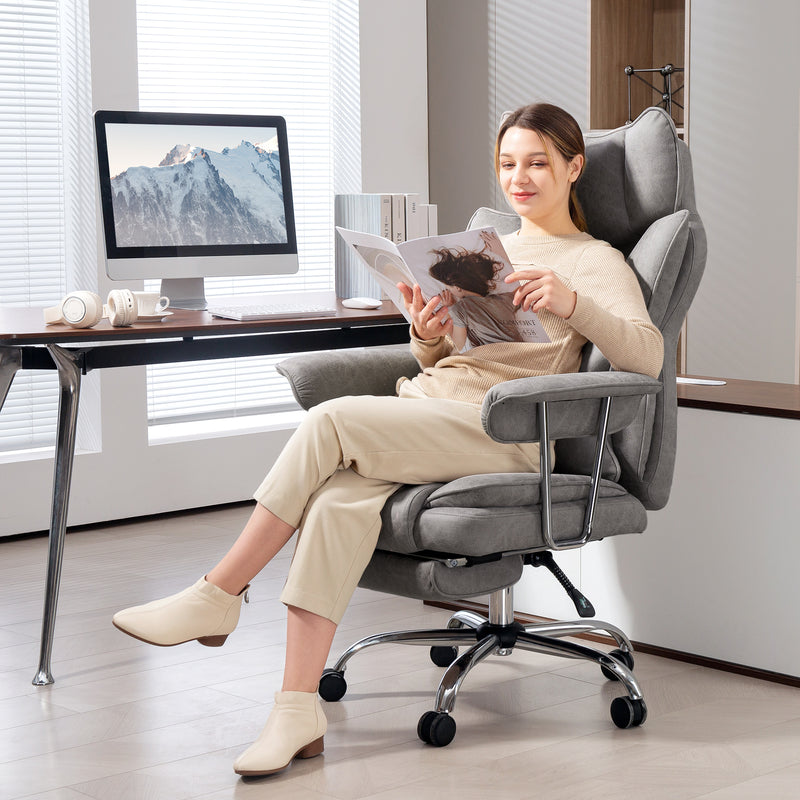 Grey Reclining Office Chair With Lumbar Support Pillow For Comfortable Home Working