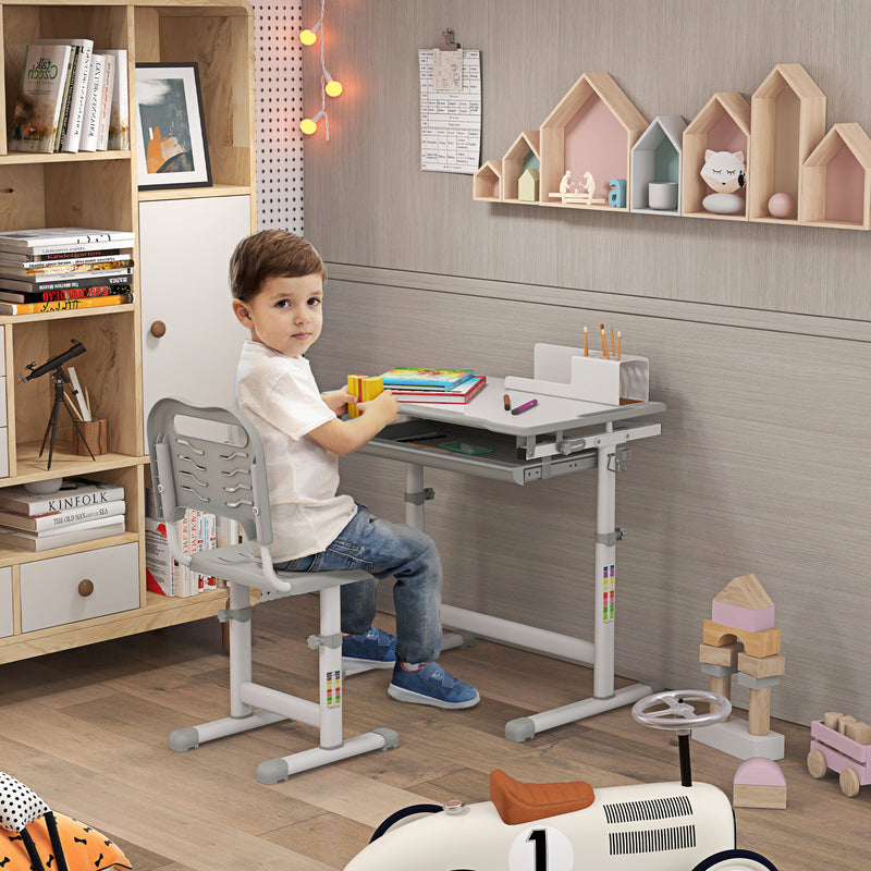 Adjustable Kids Study Desk and Chair Set with Storage Drawer and Hook, Grey