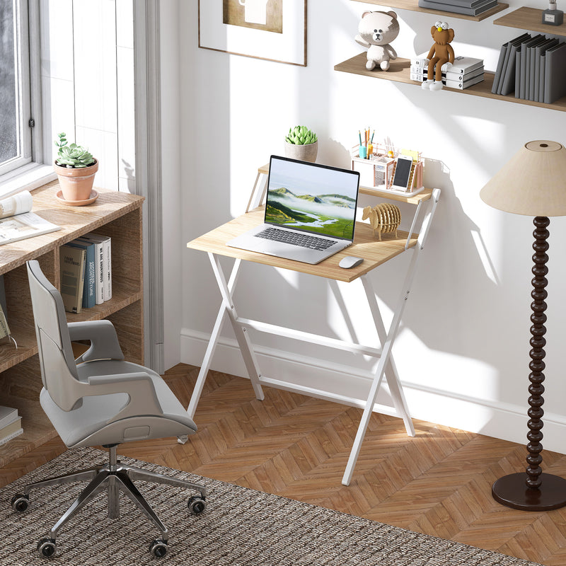 Natural Wood Folding Computer Desk with Monitor Shelf 70 cm Space Saving Design by Homcom