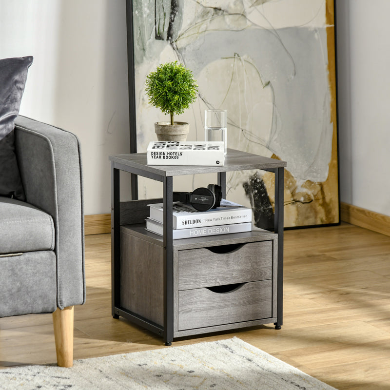 Grey Industrial Side Table with Drawers and Open Shelf for Bedroom or Living Room by HOMCOM