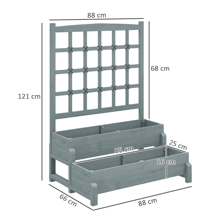 Grey 2 Tier Raised Garden Bed with Trellis Wooden Planter Box for Climbing Plants by Outsunny