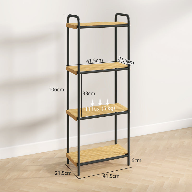 4 Tier Freestanding Bamboo Storage Shelf For Bathroom Or Kitchen With Slatted Design, Natural and Black