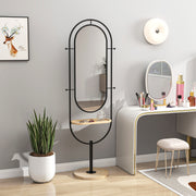 Full Length Oval Mirror with Wooden Storage Tray and 4 Coat Hooks for Hallway, Black