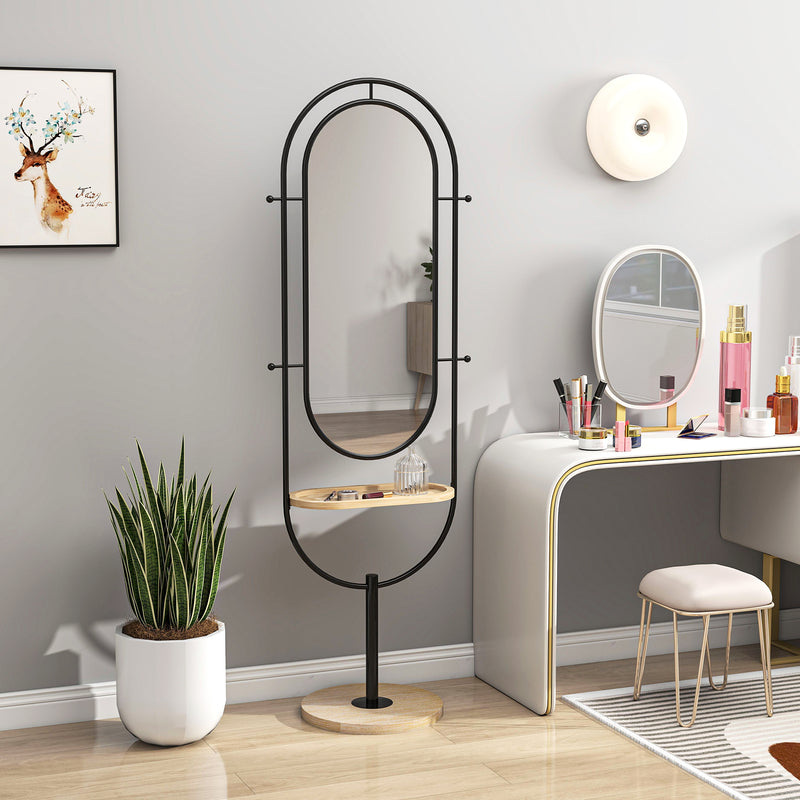 Full Length Oval Mirror with Wooden Storage Tray and 4 Coat Hooks for Hallway, Black