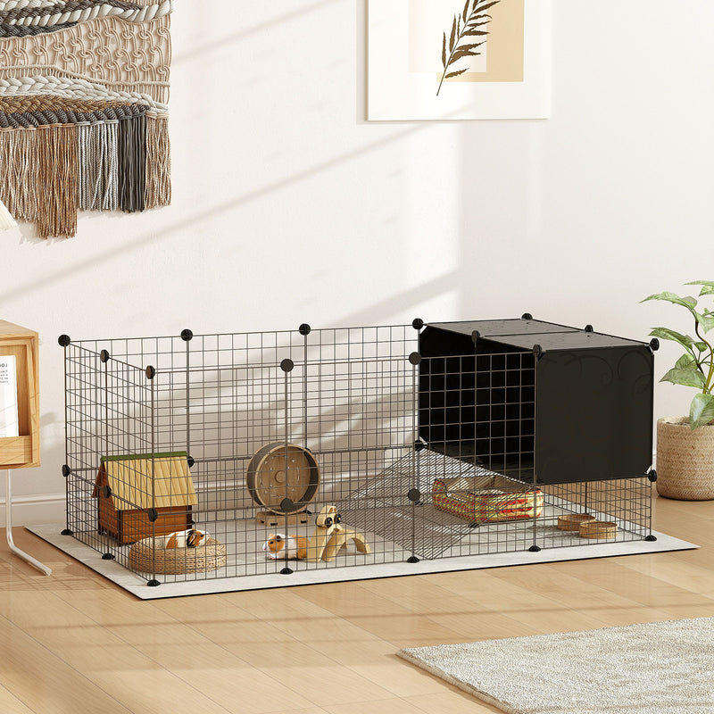 DIY Small Animal Cage with Elevated Huts for Guinea Pigs Rabbits and Hedgehogs Black by PawHut
