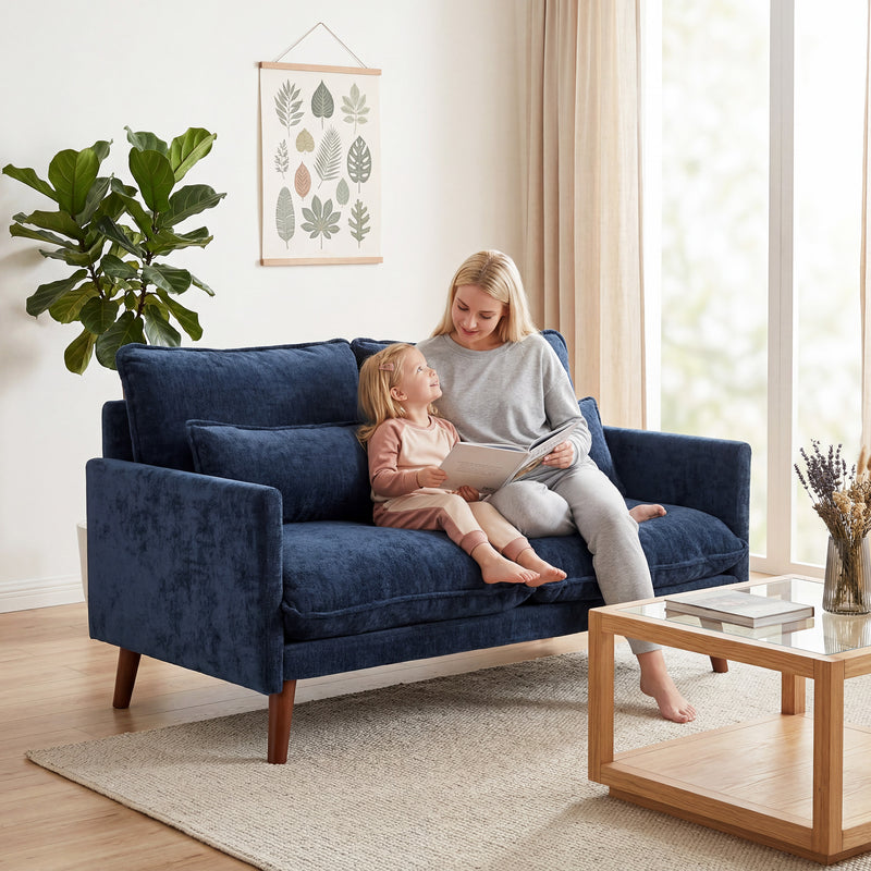 2 Seater Compact Sofa for Small Spaces with Supportive Cushions and Velvet Feel Blue
