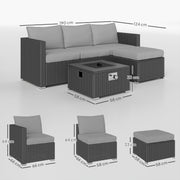 Grey 5 Piece Rattan Garden Furniture Set with Gas Fire Pit Table and Footstool