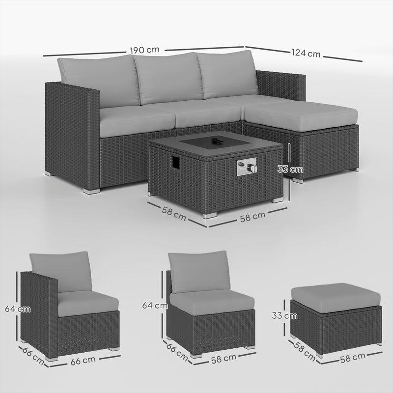 Grey 5 Piece Rattan Garden Furniture Set with Gas Fire Pit Table and Footstool