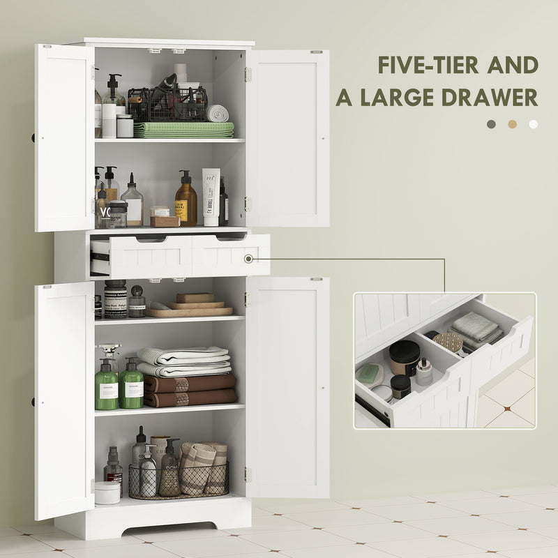 Tall White Bathroom Storage Cabinet with Shelves and Drawer for Towels and Toiletries
