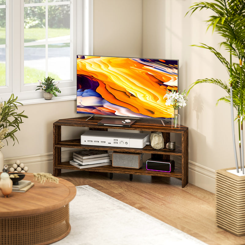 Rustic Brown Corner TV Stand for 47 Inch TV with Open Shelves for Storage and Display