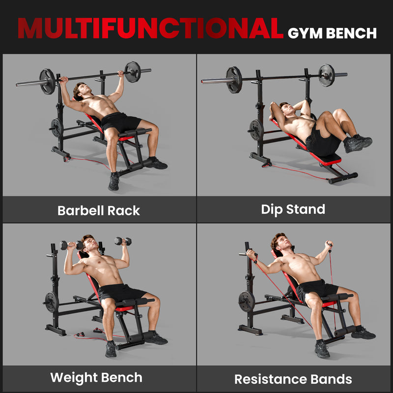 Adjustable Weight Bench with Squat Rack and Dip Station for Home Gym Training Black AOSOM