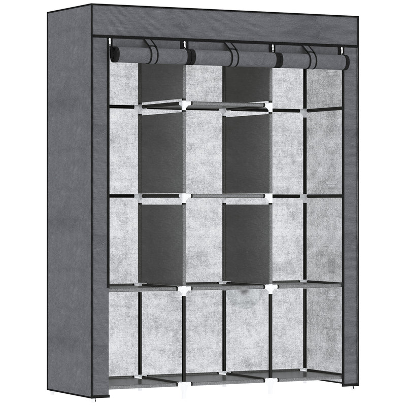 Dark Grey Fabric Portable Wardrobe with 8 Shelves and 2 Hanging Rods by HOMCOM