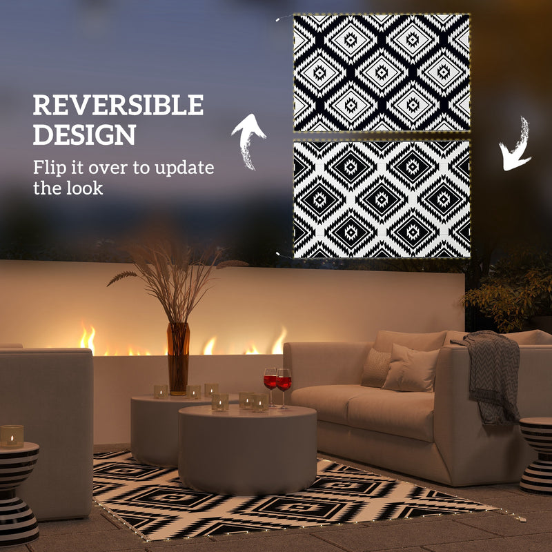 Black and White Reversible Outdoor Rug with LED Lights Ideal for RVs and Garden Use