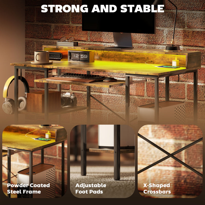 Reversible Computer Desk with LED Lights and Power Outlets 120cm Gaming Desk Rustic Brown by HOMCOM