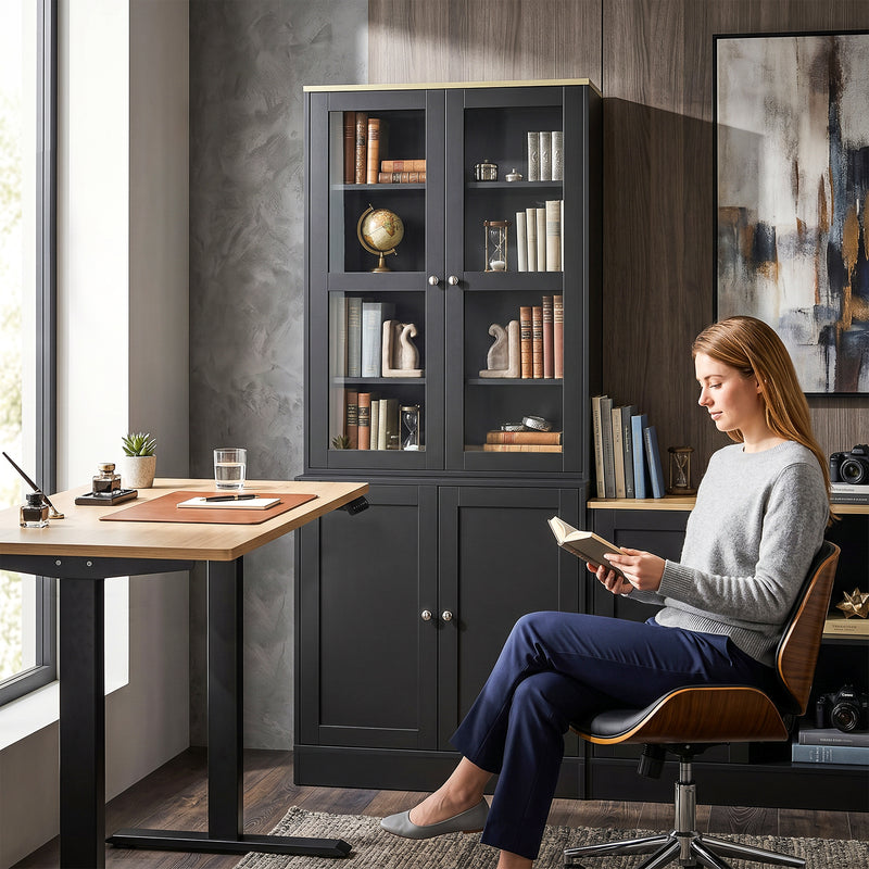 Tall Display Cabinet with Glass Doors and Hidden Storage for Organised Living or Dining Room Black