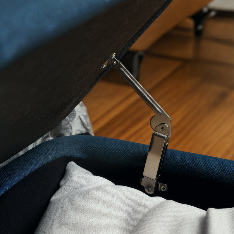 Linen Look Storage Ottoman Bench With Lift Up Lid For Living Room Or Bedroom Dark Blue