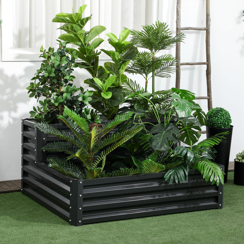 Dark Grey 2 Tier Raised Garden Bed With Open Bottom For Growing Vegetables And Herbs