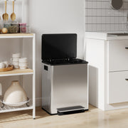 50L Dual Compartment  Recycling Bin For Kitchen With Deodoriser Holders Stainless Steel Silver