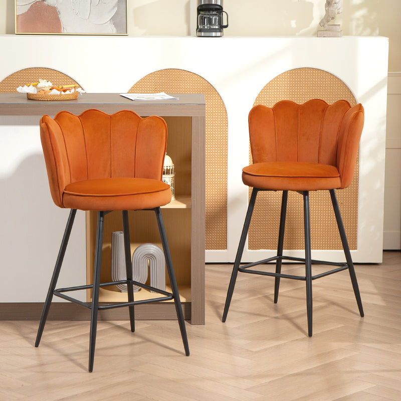 Set of 2 Orange Velvet Touch Bar Stools with Swivel and Footrest for Kitchen Island 
