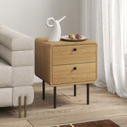 Bedside Table with Two Drawers and Steel Legs for Bedroom Storage Oak