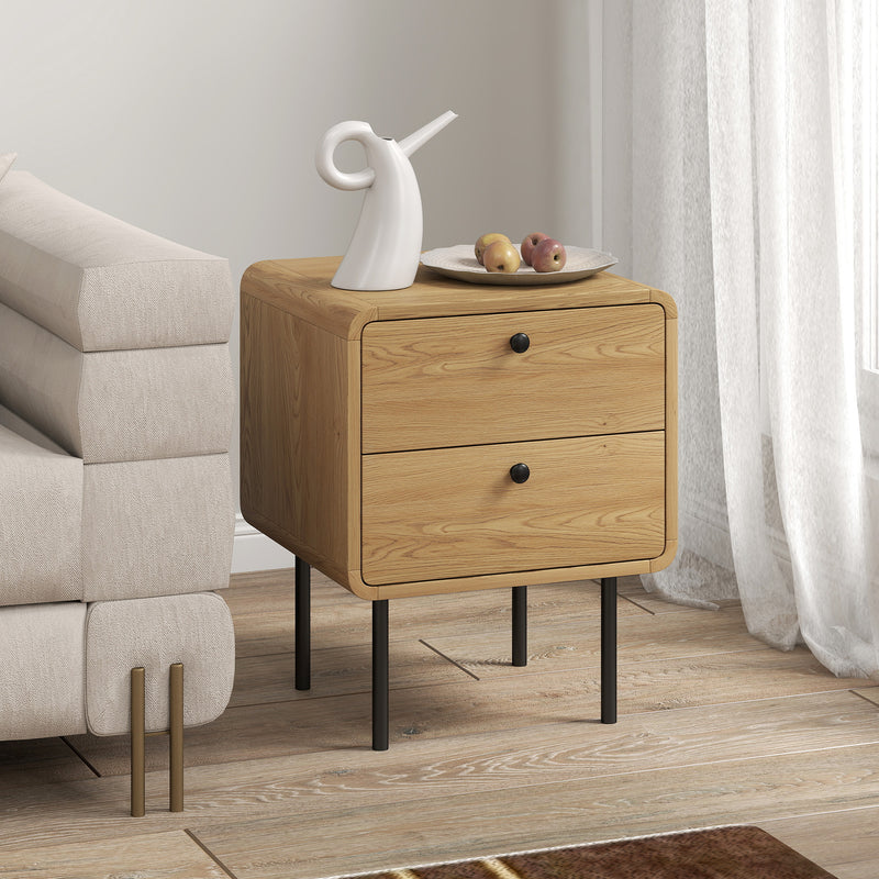 Bedside Table with Two Drawers and Steel Legs for Bedroom Storage Oak