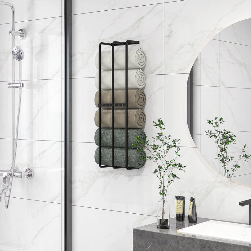 Wall Mounted Metal Towel Rack With Six Rails For Bathroom Storage, Black AOSOM