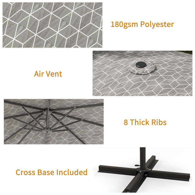 Black and White 3m Cantilever Garden Parasol with 360 Degree Rotation and Cross Base