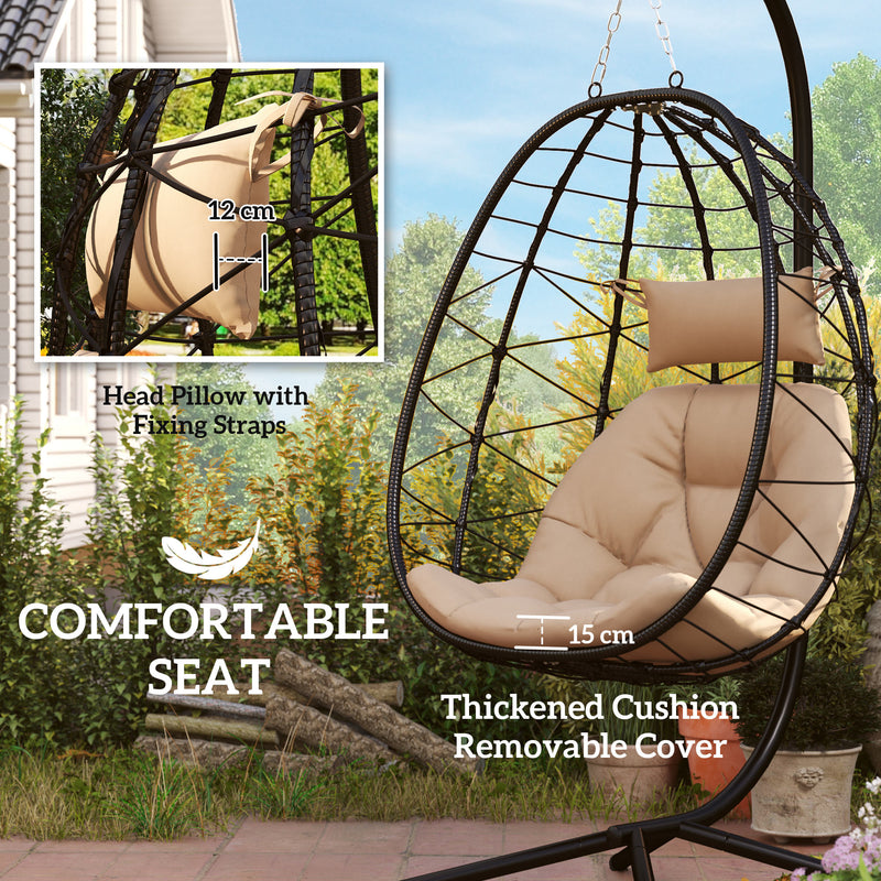 Hanging Egg Chair with Stand Thick Cushion and Headrest for Garden Patio Balcony Khaki by Outsunny