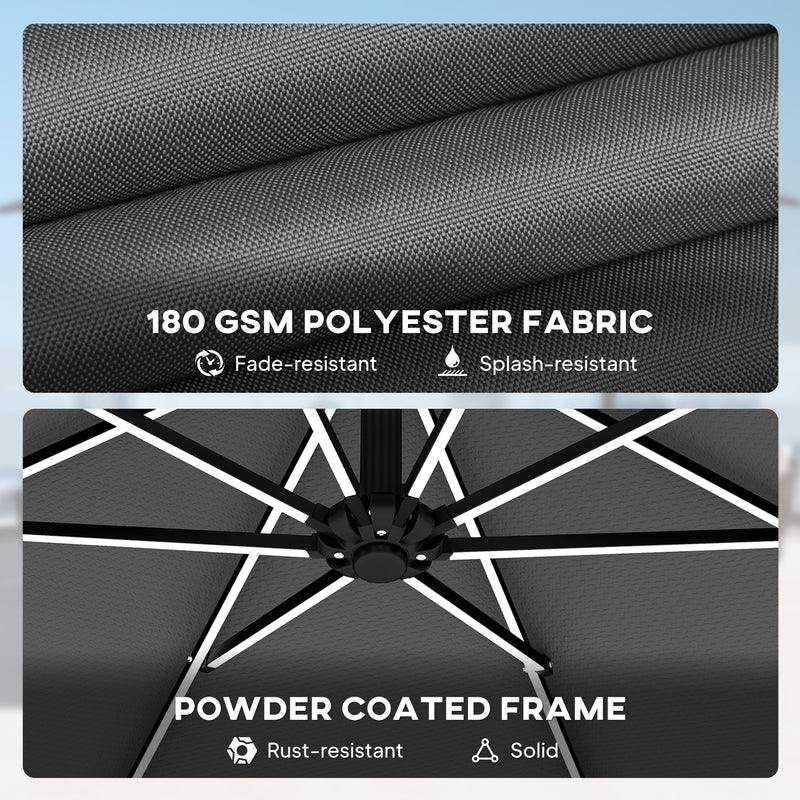 3m Cantilever Garden Parasol with LED Lights - UPF 30+ Adjustable Shade for Patio, Grey