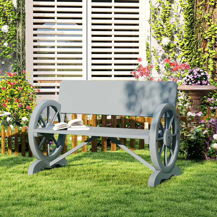 Grey 2 Seater Wooden Garden Bench with Wagon Wheel Design by Outsunny