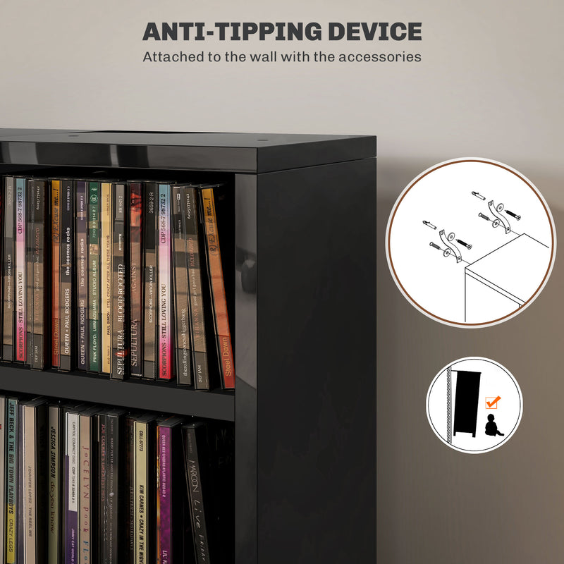 Set of 2 Tall CD Storage Shelves for Media Organisation with High Gloss Finish Black