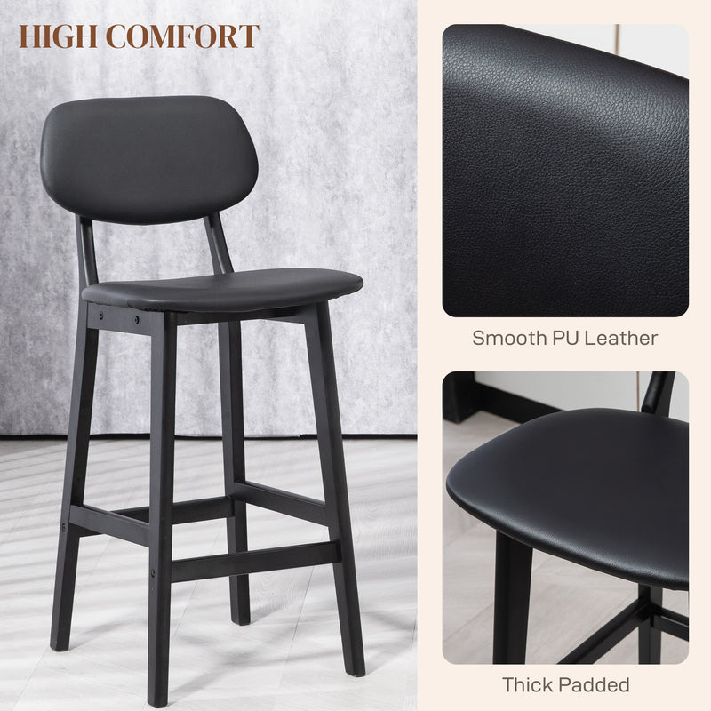 Set of 2 Wooden Bar Stools with Padded Faux Leather Seats Ideal for Kitchen or Home Bar Black