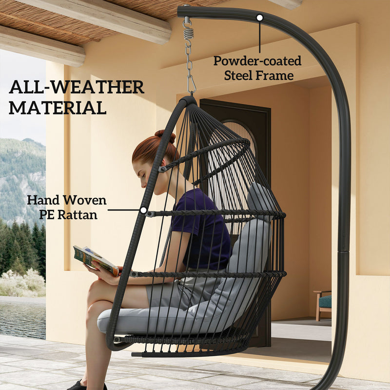 Dark Grey Rattan Hanging Egg Chair with Stand and Cushion for Garden or Indoor Use by Outsunny