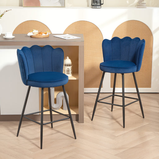 Set of 2 Dark Blue Velvet Bar Stools with Lotus Backrest for Kitchen or Home Bar