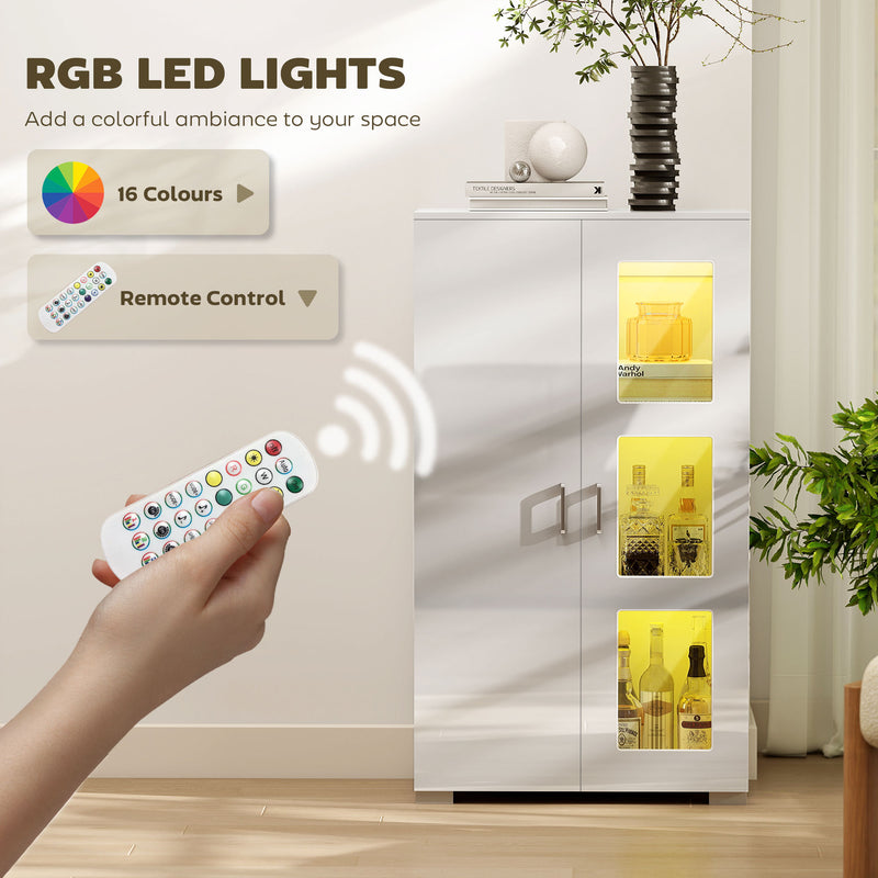 Modern High Gloss Sideboard with LED Lights and Glass Shelves for Living Room Storage, White