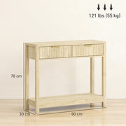 Modern Console Table with Fluted Drawers and Shelf for Hallway or Living Room, Natural Wood Finish