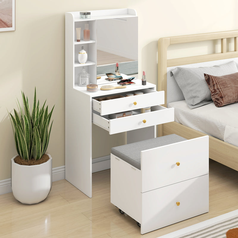 Dressing Table Set with Mirror and Storage Stool for Small Bedrooms White
