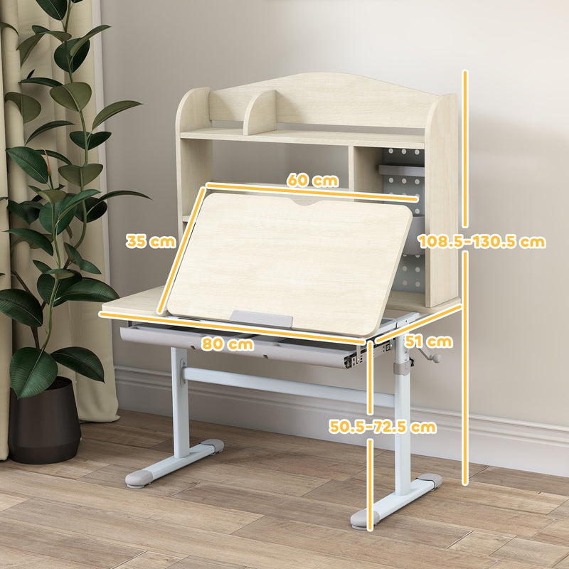 Height Adjustable Kids Study Desk With Tilt Top Storage Hutch And Pegboard Natural AOSOM