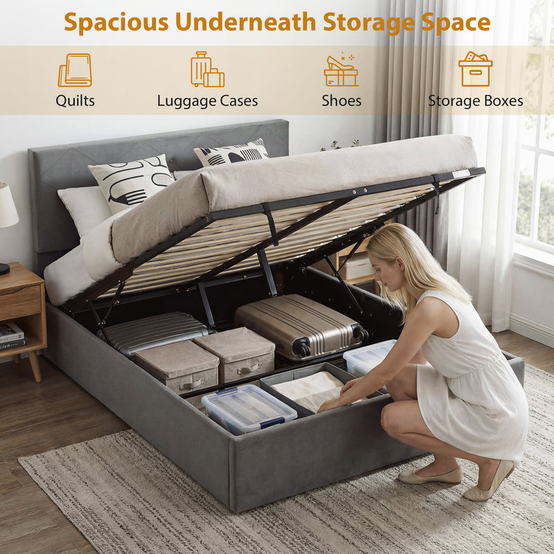 Ottoman King Size Bed Frame With Lift Up Storage & Velvet Headboard for Organised Bedrooms, Dark Grey Homcom