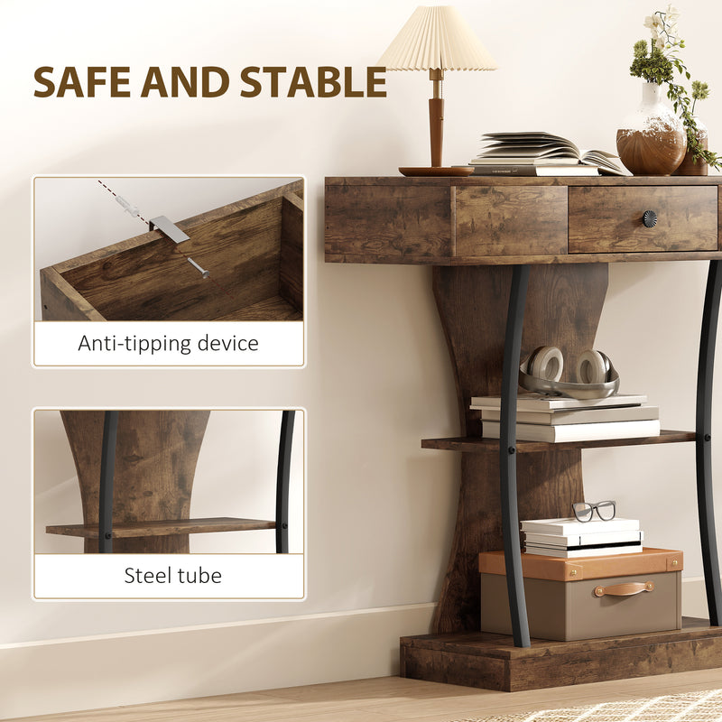 Industrial 3 Tier Console Table with Drawer and Storage Shelves for Hallway Rustic Brown AOSOM