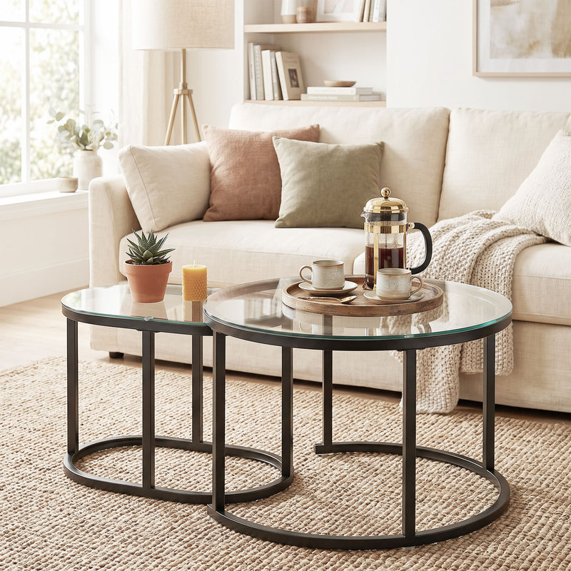 Set of 2 Glass Top Coffee Tables for Extra Living Room Surface Space Black and Clear