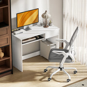 Home Office Desk and Mesh Chair Set with Flip Up Arms and Drawer Keyboard Tray White Grey