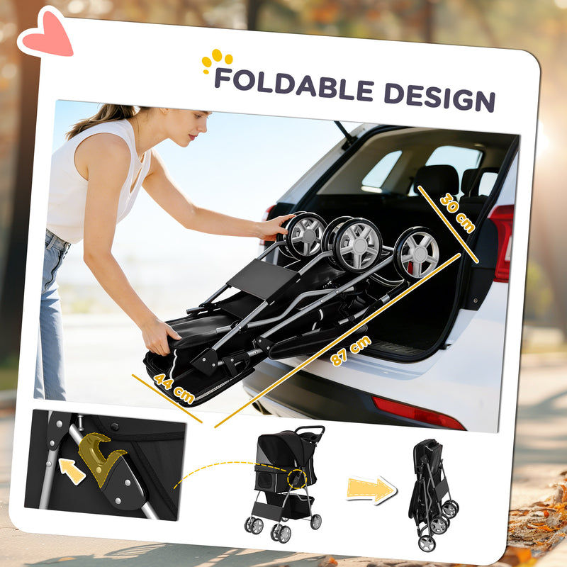 Foldable Pet Stroller With 360 Degree Swivel Wheels And Reflective Strips, Black