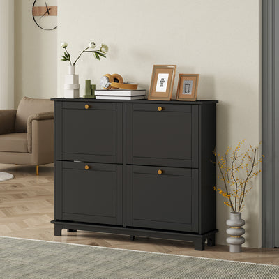 Slim Shoe Storage Cabinet with 4 Flip Drawers Fits 16 Pairs Ideal for Hallway Black